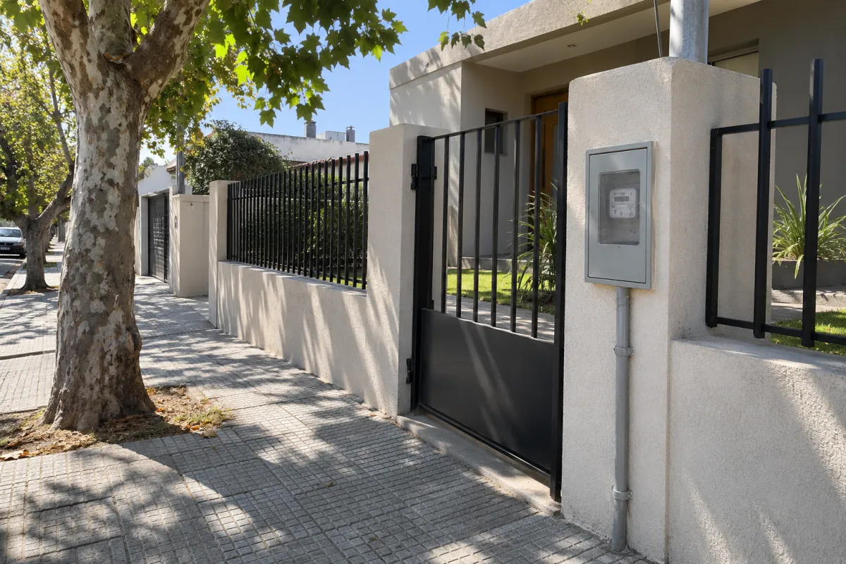 Gabinete del medidor de energía empotrado en el pilar de la entrada, en la línea de propiedad de una casa