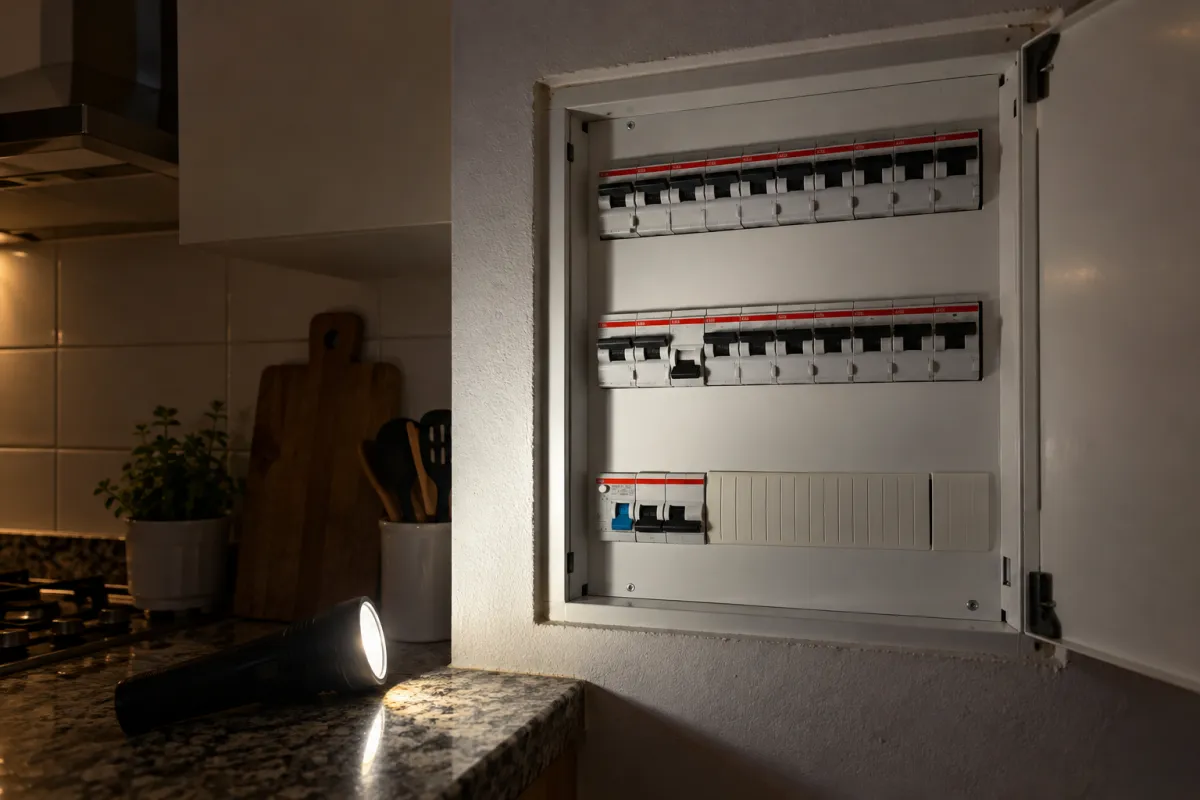 Tablero de cocina iluminado con una linterna, con una llave térmica baja entre las demás