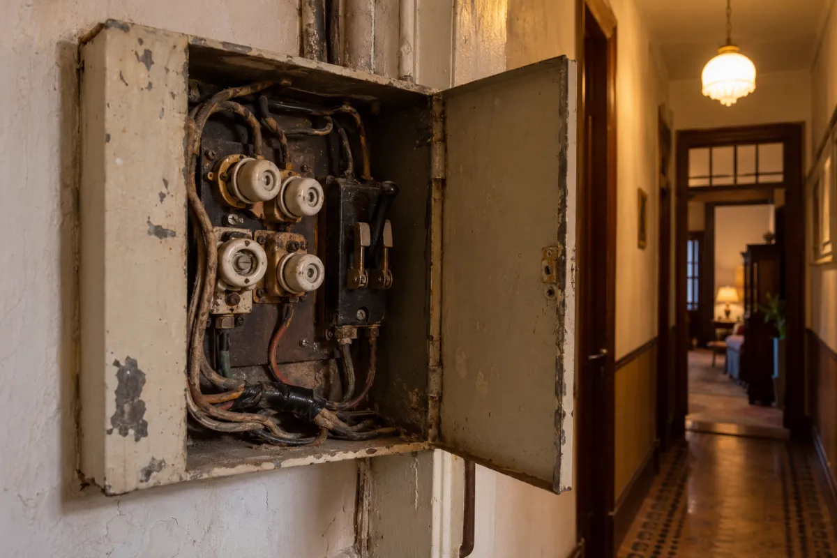 Tablero antiguo de chapa con fusibles de porcelana a rosca y llave de cuchilla en el pasillo de una casa vieja