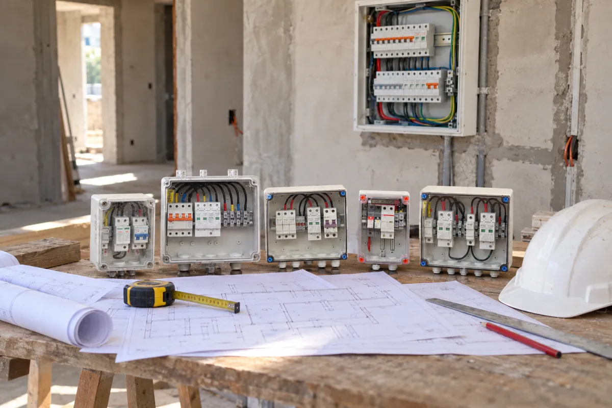 Planos eléctricos sobre una mesa frente a un tablero nuevo en una casa en obra