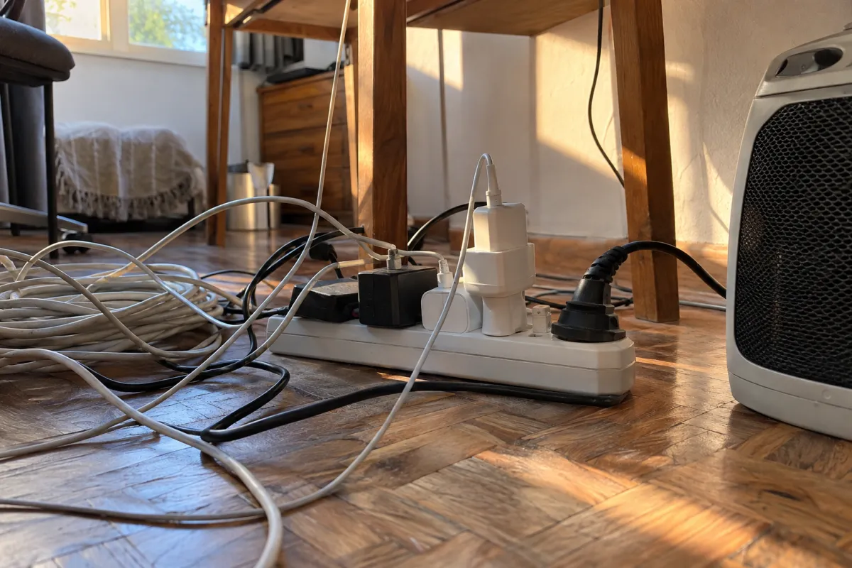 Zapatilla múltiple sobrecargada con cargadores, un adaptador y un calefactor, junto a un alargue enrollado