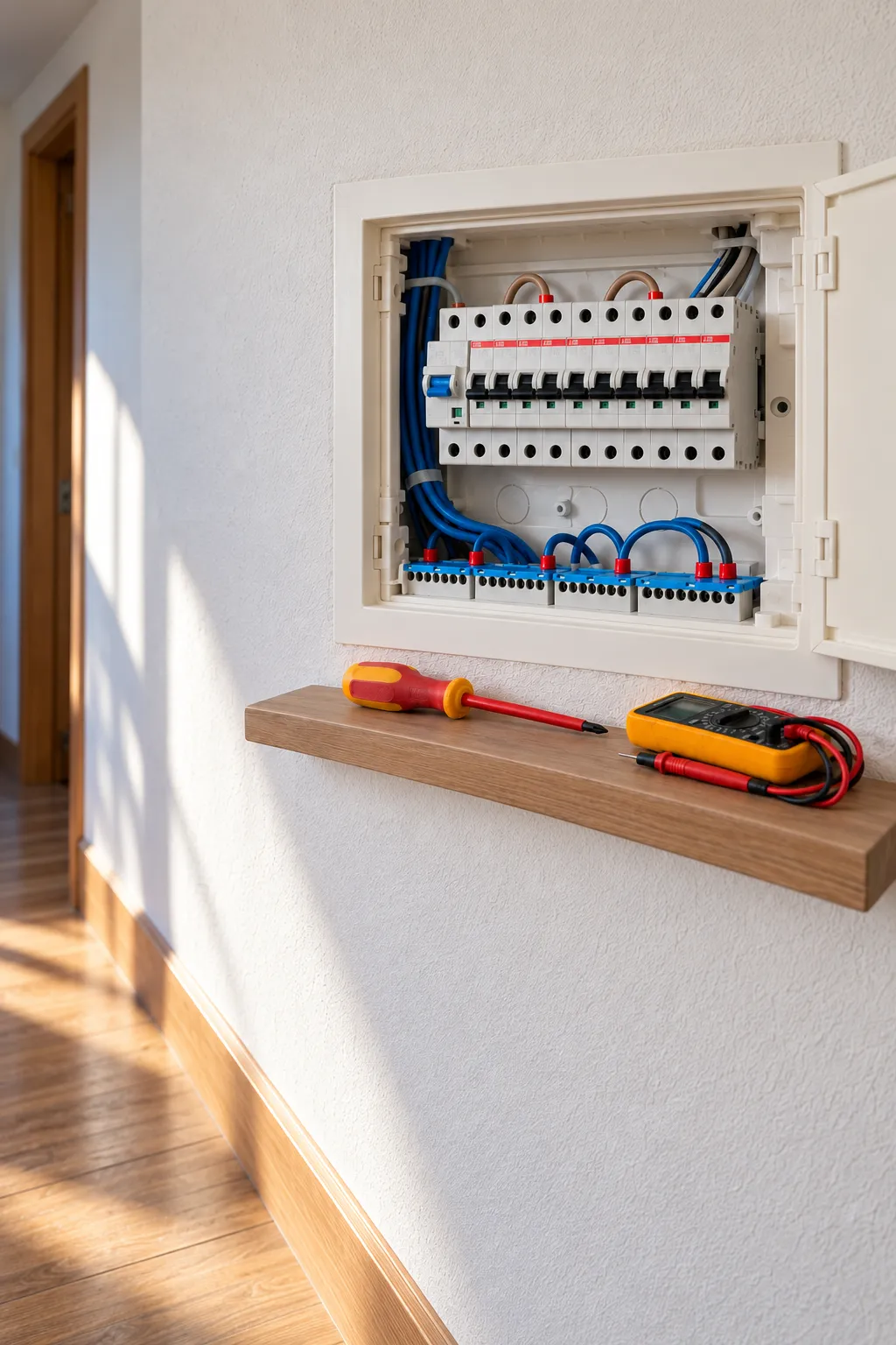 Tablero eléctrico de una vivienda con llaves termomagnéticas y herramientas de electricista